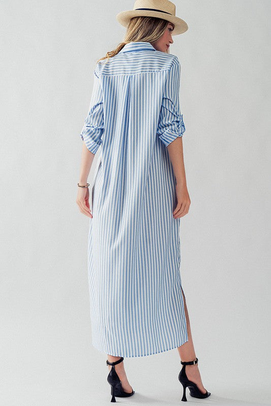 Elsie Polyester Stripe Long Shirt Dress