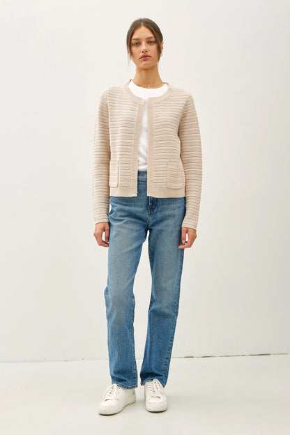 Raised Rib Round Neck Open Cardigan