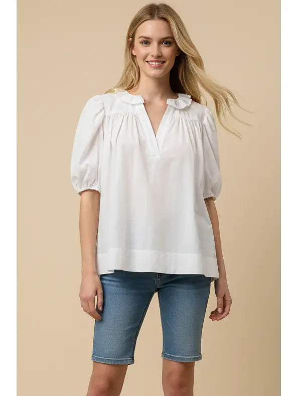 Ruffled V-Neck Puff Sleeve Blouse