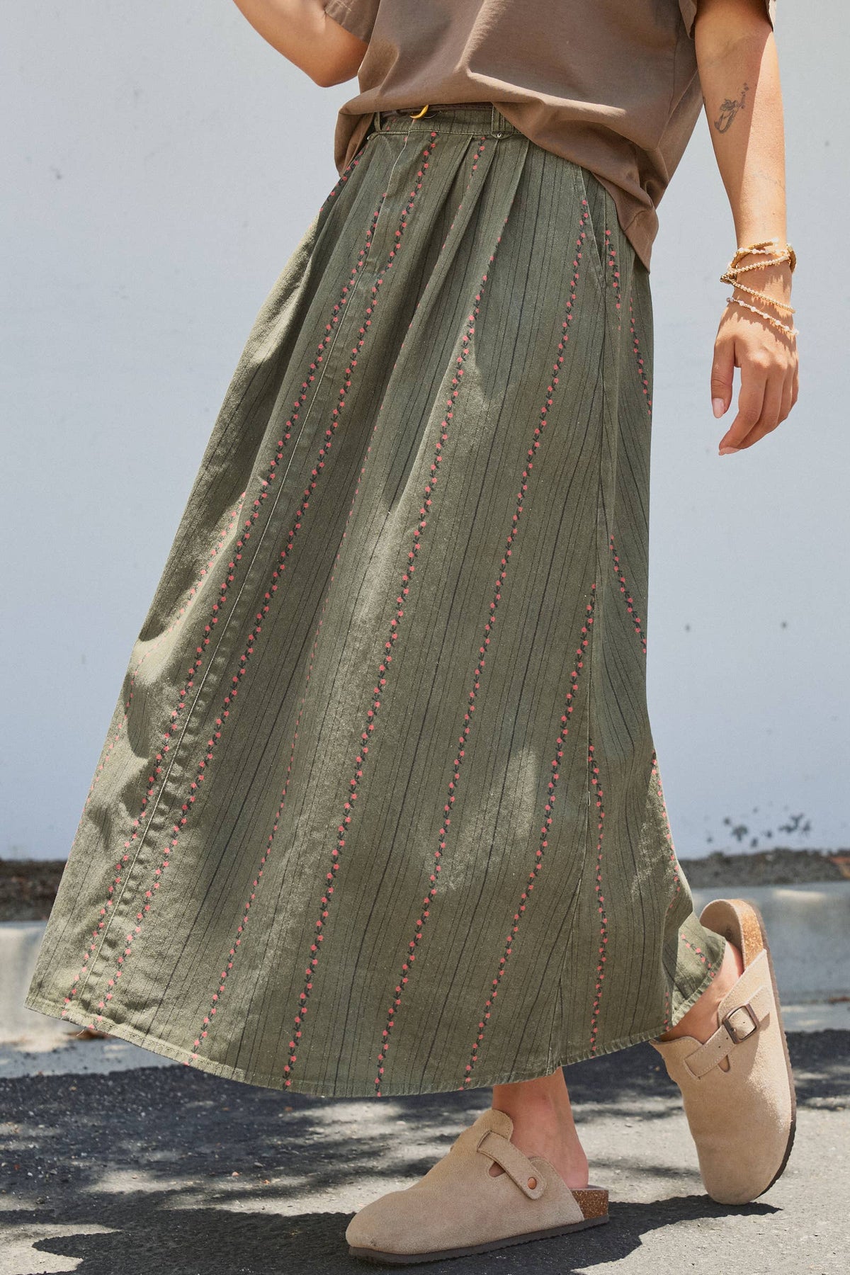 Embroidered  Belted Midi Skirt