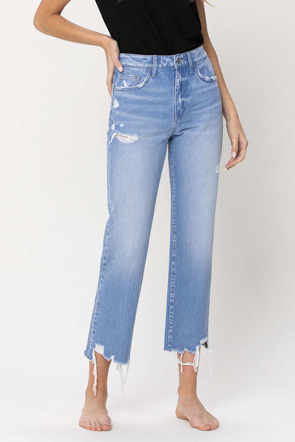 High Rise Vintage Straight Crop W Distressed