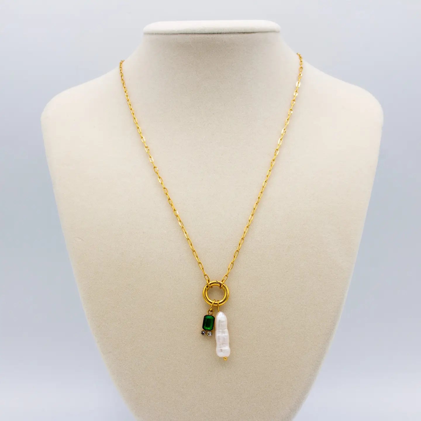Emerald Cz + Pearl Necklace