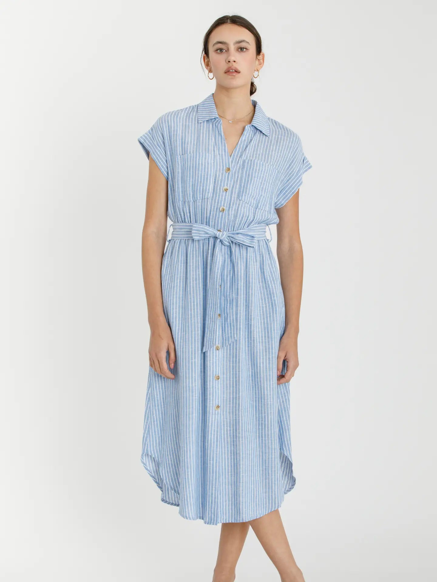 Striped Utility Style Shirt Dress W Waist Tie