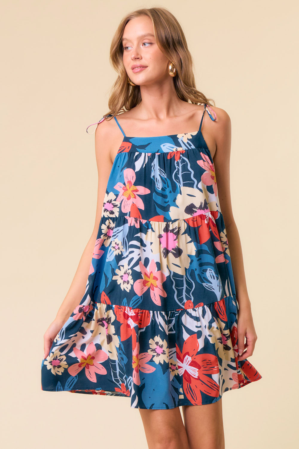 Floral Printed Tie Strap Tiered Mini Dress