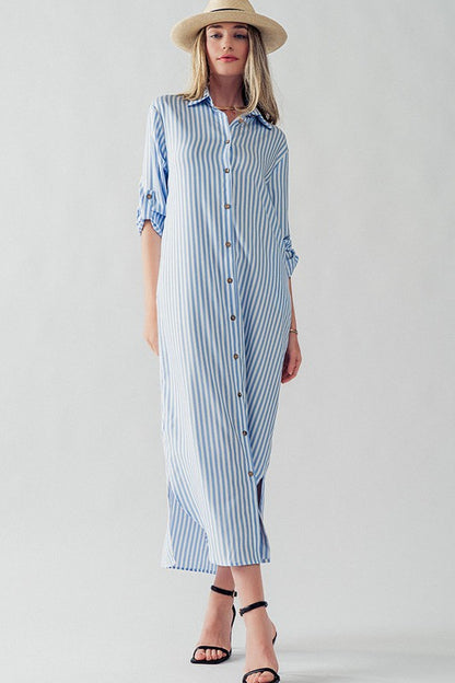 Elsie Polyester Stripe Long Shirt Dress