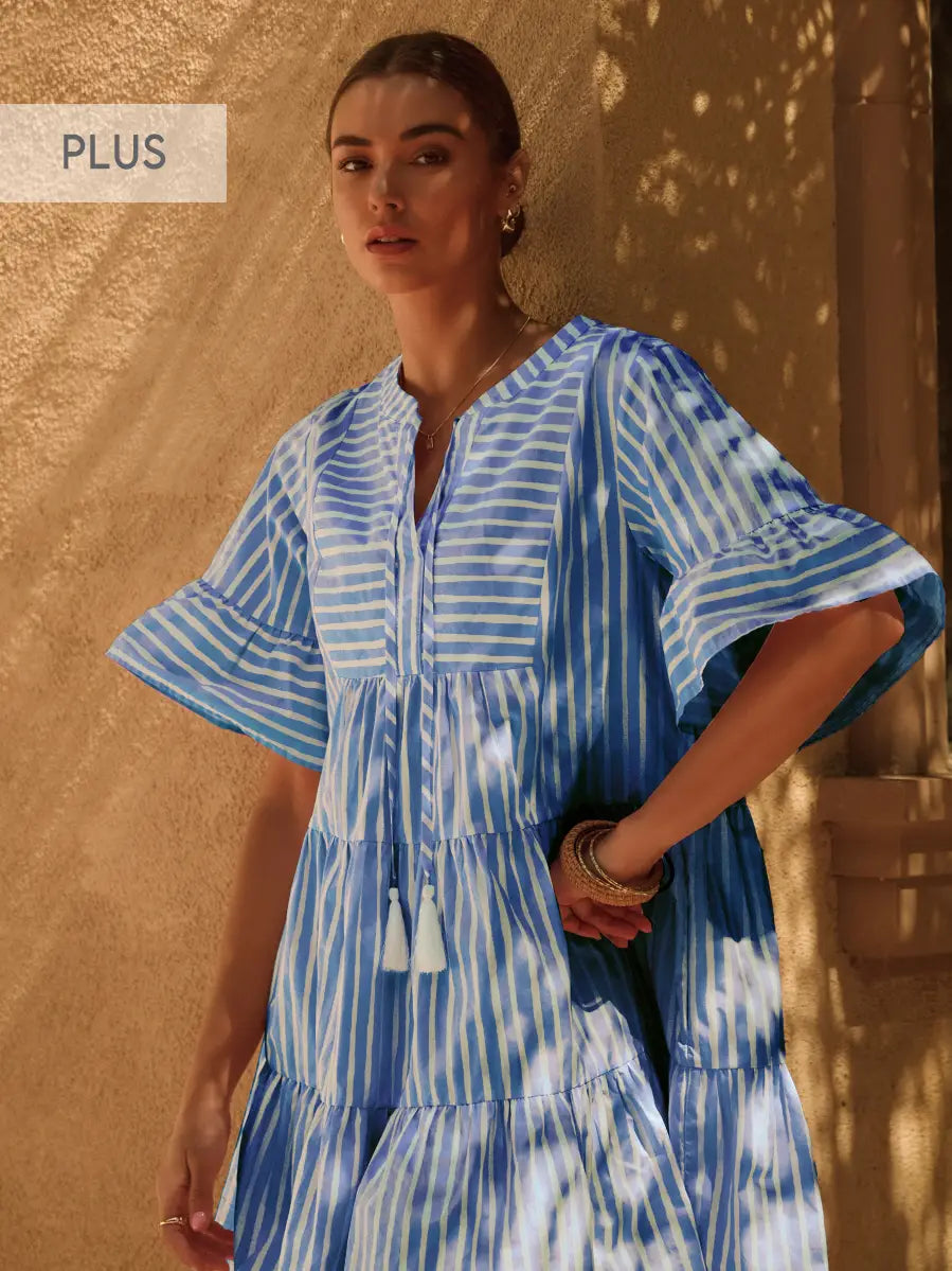 Plus | Striped Poplin Tired Bady Doll Mini Dress