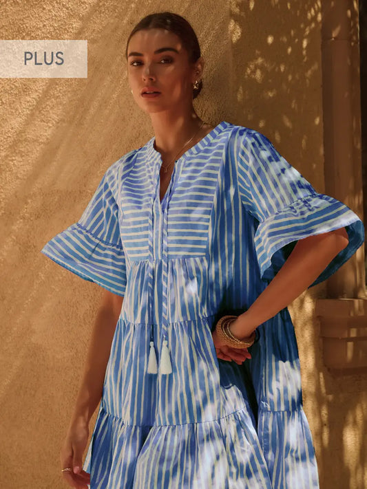 Plus | Striped Poplin Tired Bady Doll Mini Dress
