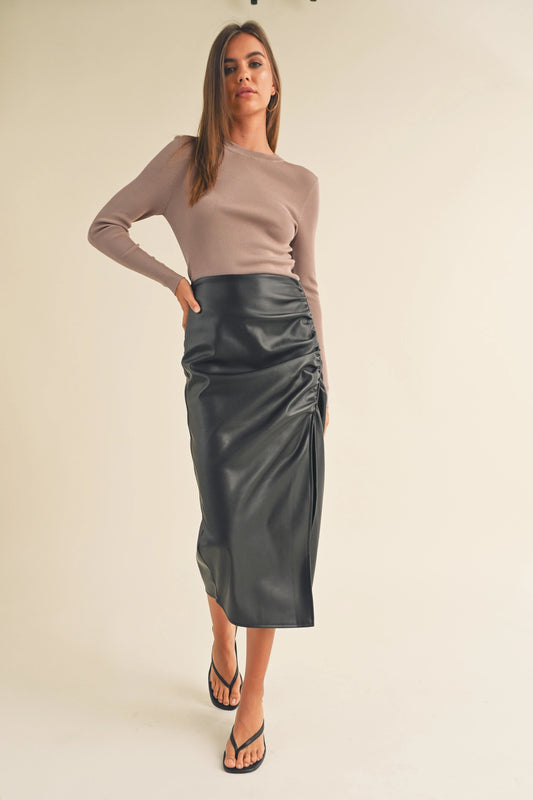Ruched with Slit Front Faux Leather Skirt