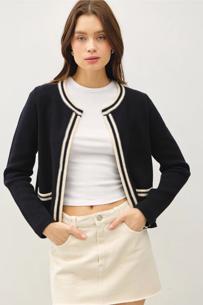 Open Cardigan Jacket with Striped Accents