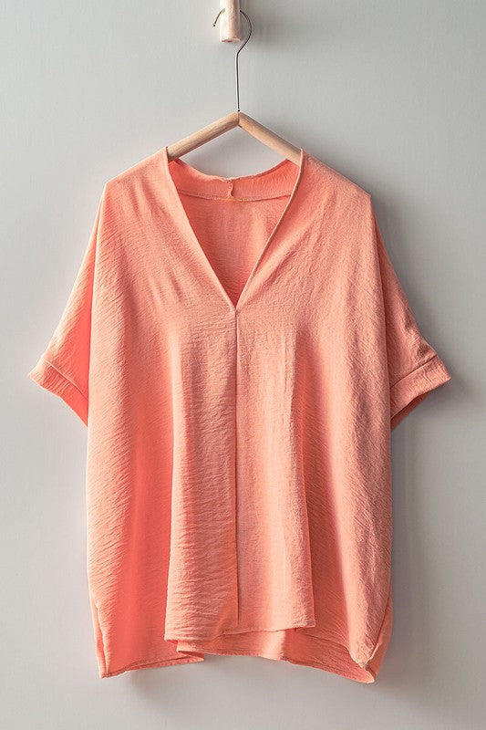 Oversized Vneck Folded Short Sleeve Top