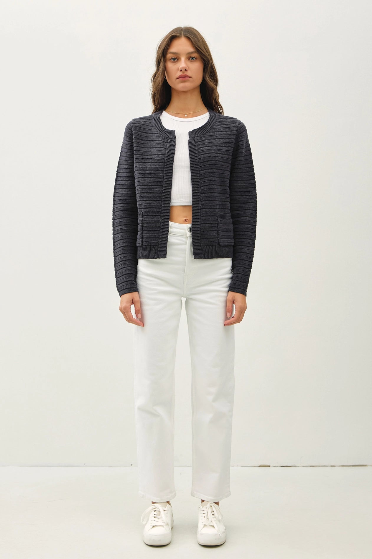 Raised Rib Round Neck Open Cardigan