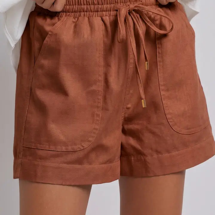 Linen Drawstring Relaxed Shorts Brown
