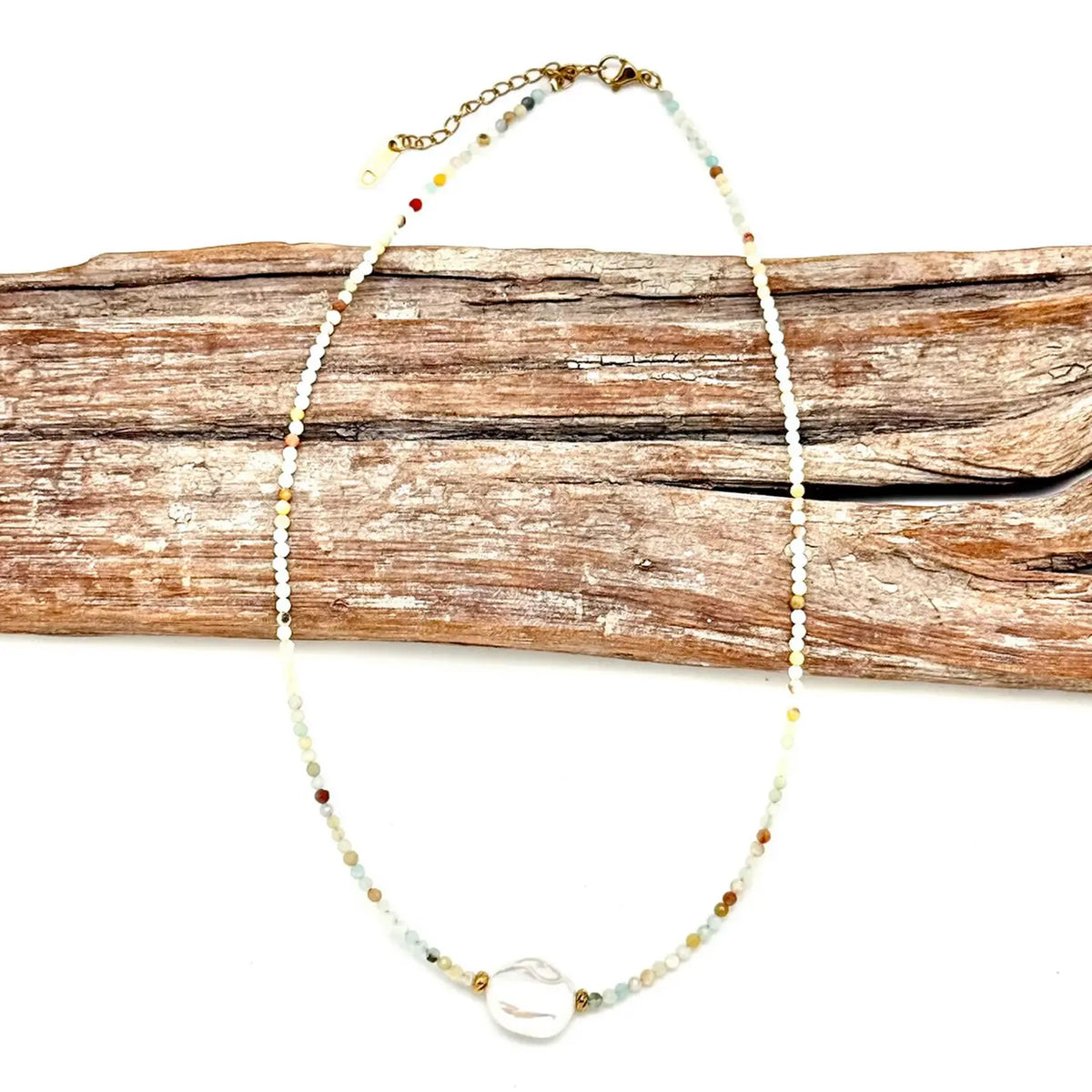 Necklace Amazonite(3mm)with Freshwater Pearl Coin 16”