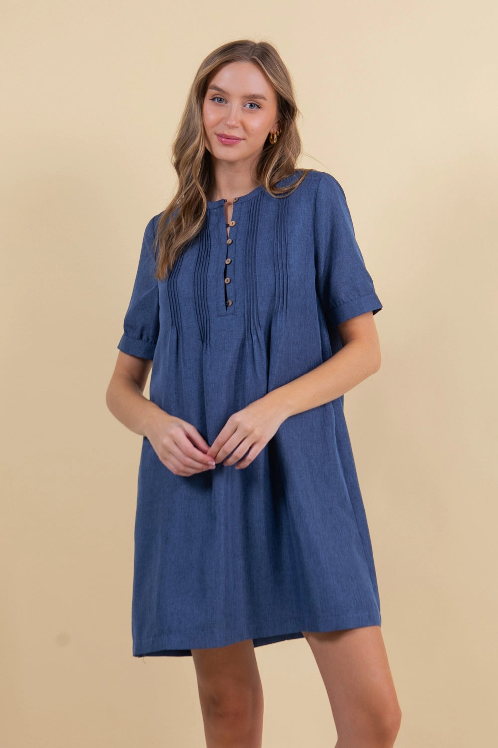 Half Button Down Pintuck Mini Dress