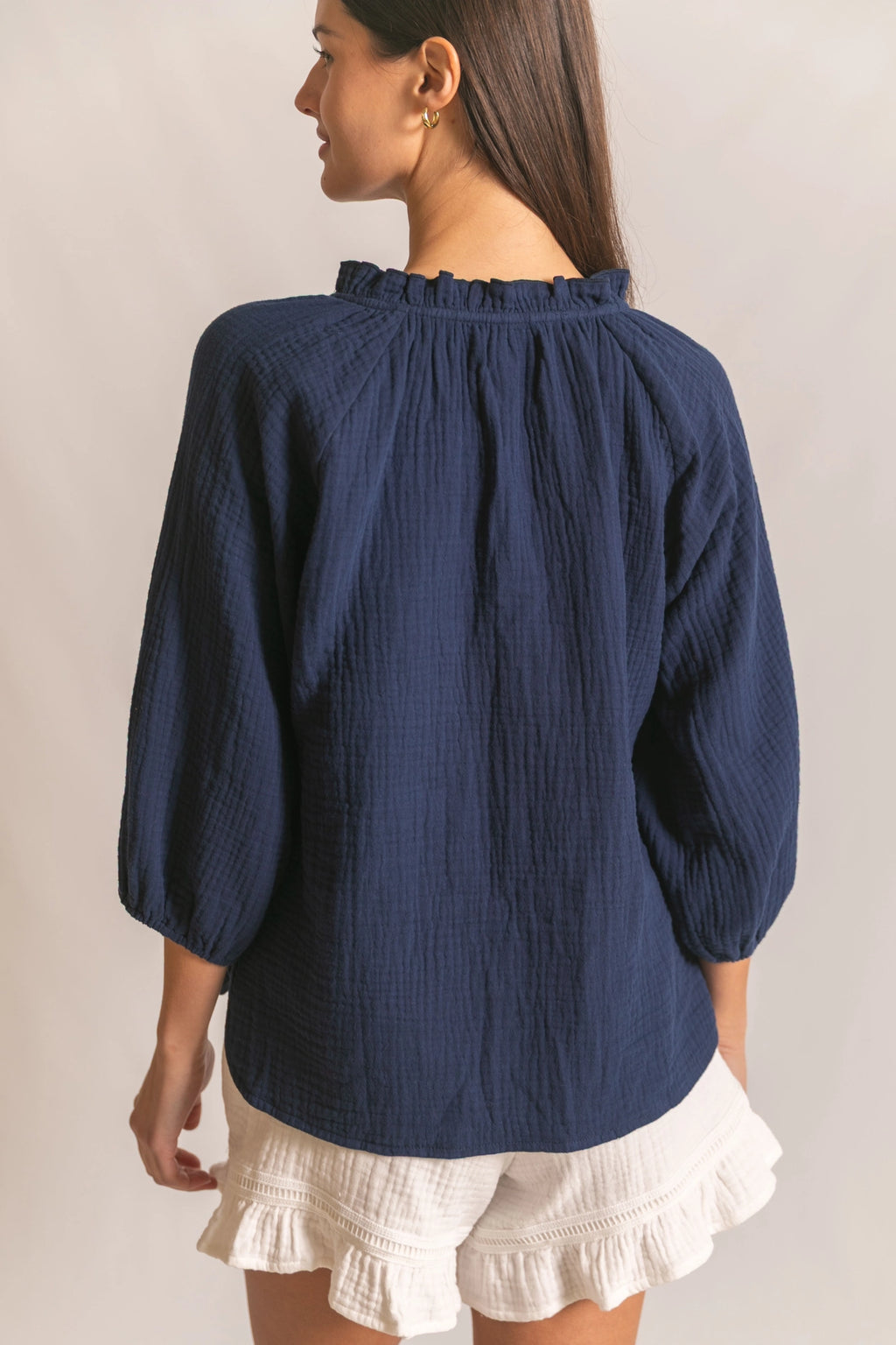 3-ply Cotton Gauze Ruffled neck 3/4 Sleeve Top