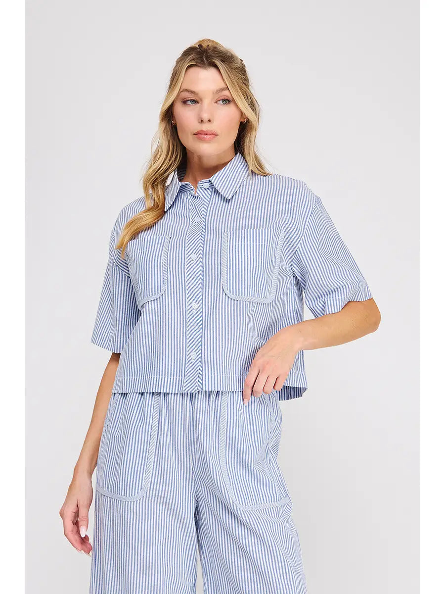 Striped Woven Short Sleeve Shirt Contrast Trim