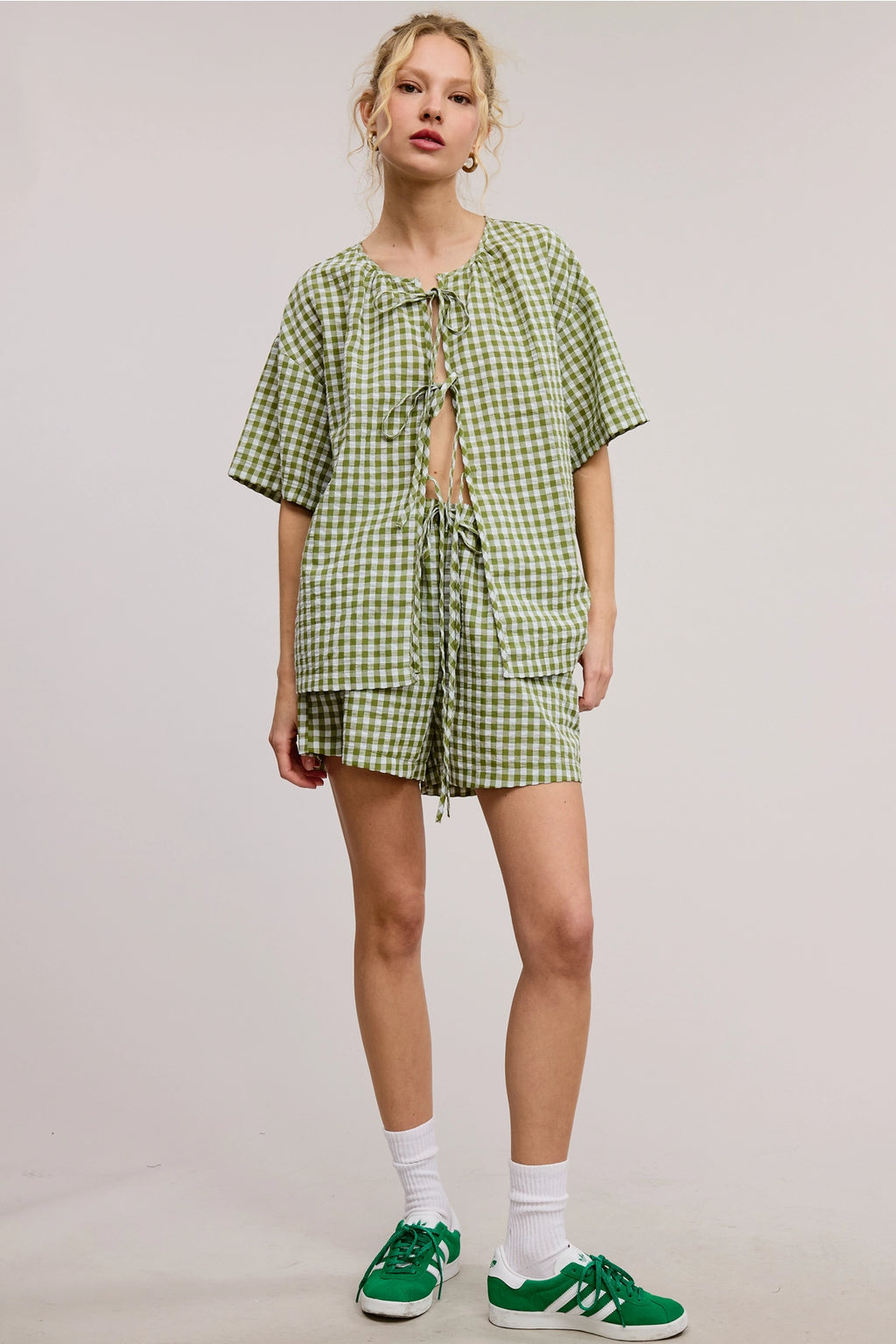 Gingham Open-Front Self-Tie Ribbon Top and Shorts Set