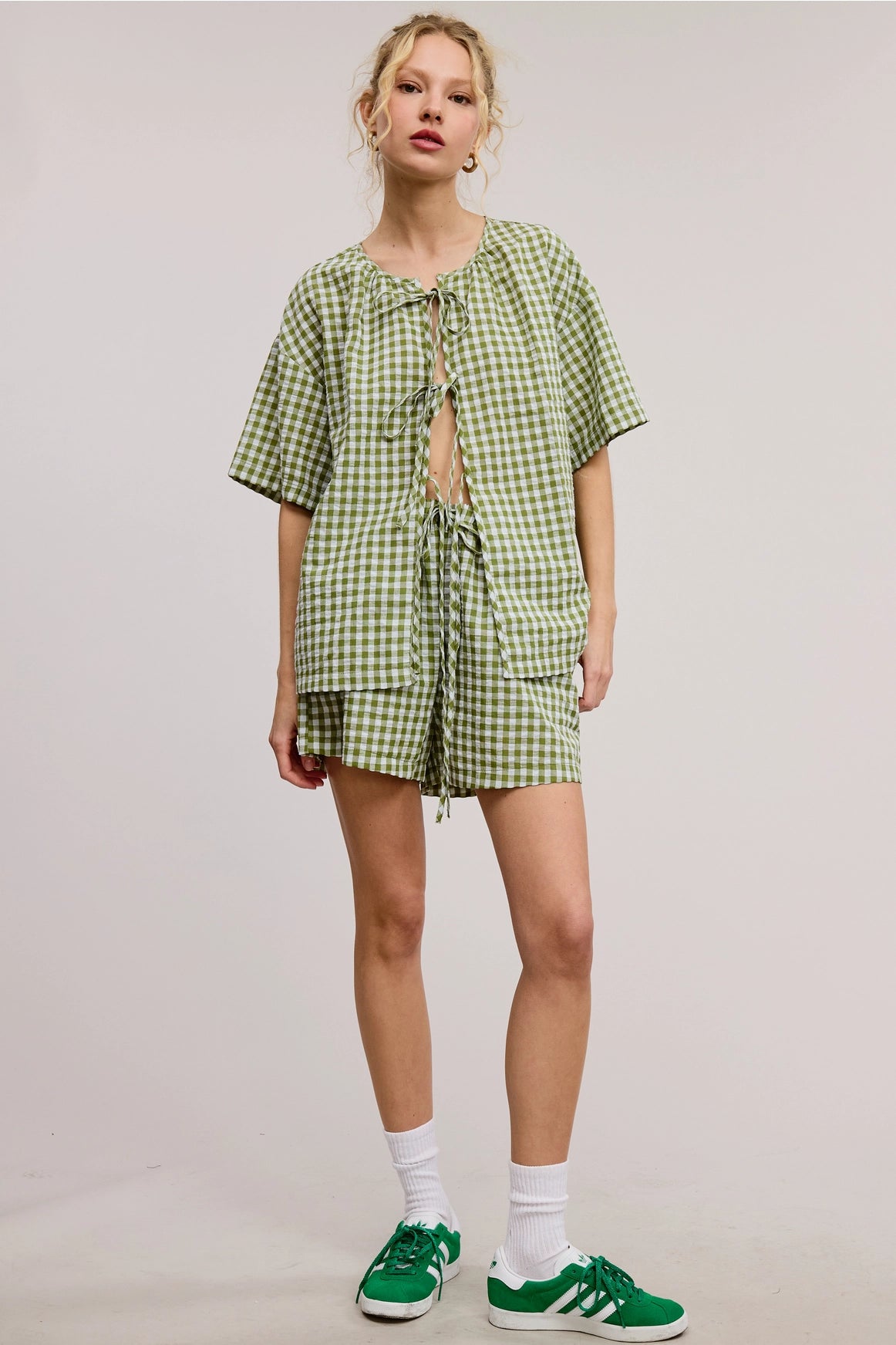 Gingham Open-Front Self-Tie Ribbon Top and Shorts Set