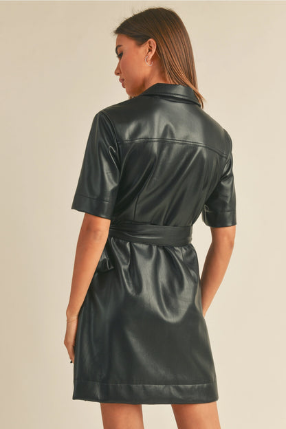 Pleather Collared Wrap Dress