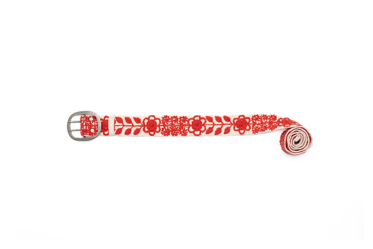 White and Red Hand Embroidered Belt