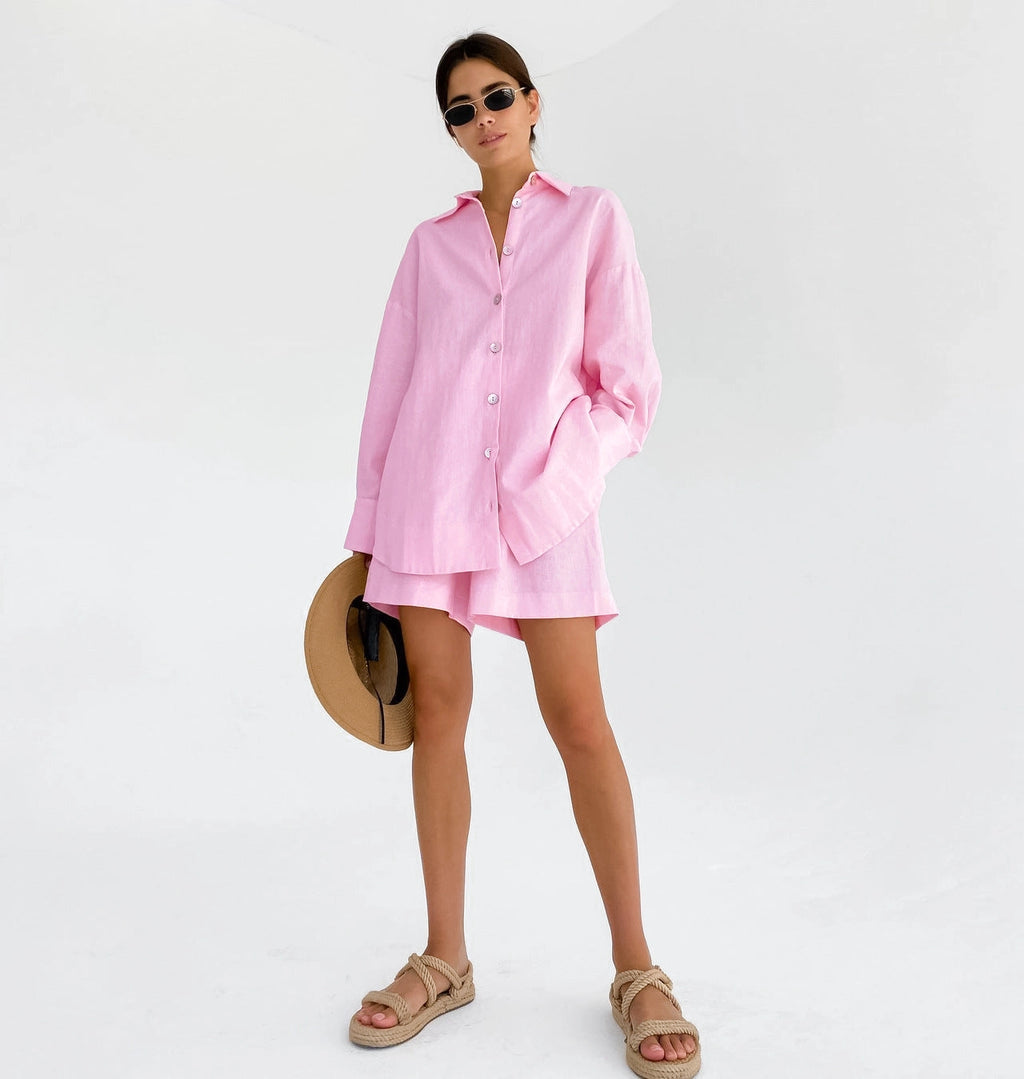 Solid Color Shirt and Long loose Shorts 2 Peice Set