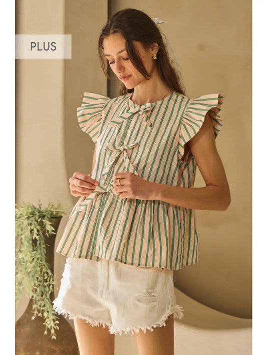 Plus | Striped Printed Poplin Front Tie Peplum Top