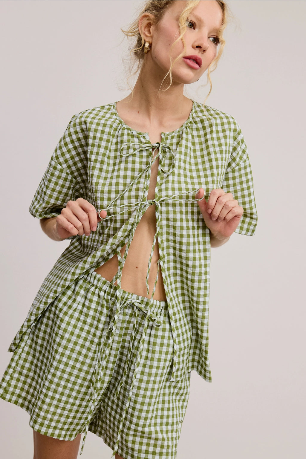 Gingham Open-Front Self-Tie Ribbon Top and Shorts Set