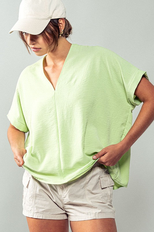 Oversized Vneck Folded Short Sleeve Top