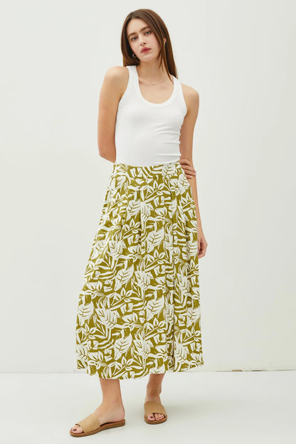 Tropical Print High Rise Pintucked Midi Skirt