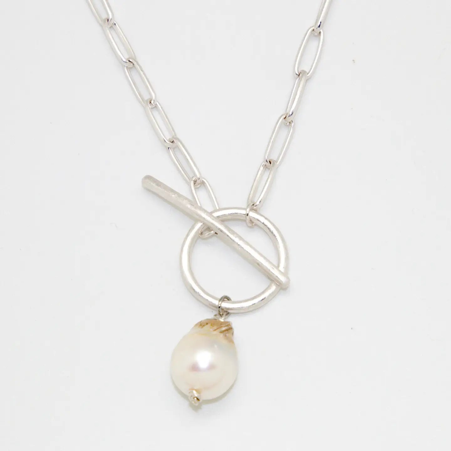 Necklace Paper Clip Matte Silver W/Baroque Pearl 18