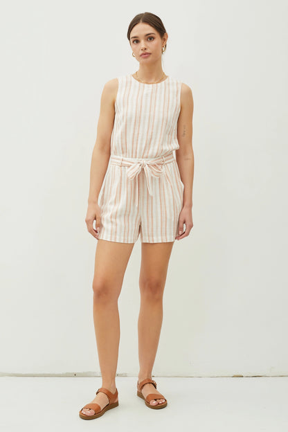 Linen Blend Belted Striped Romper