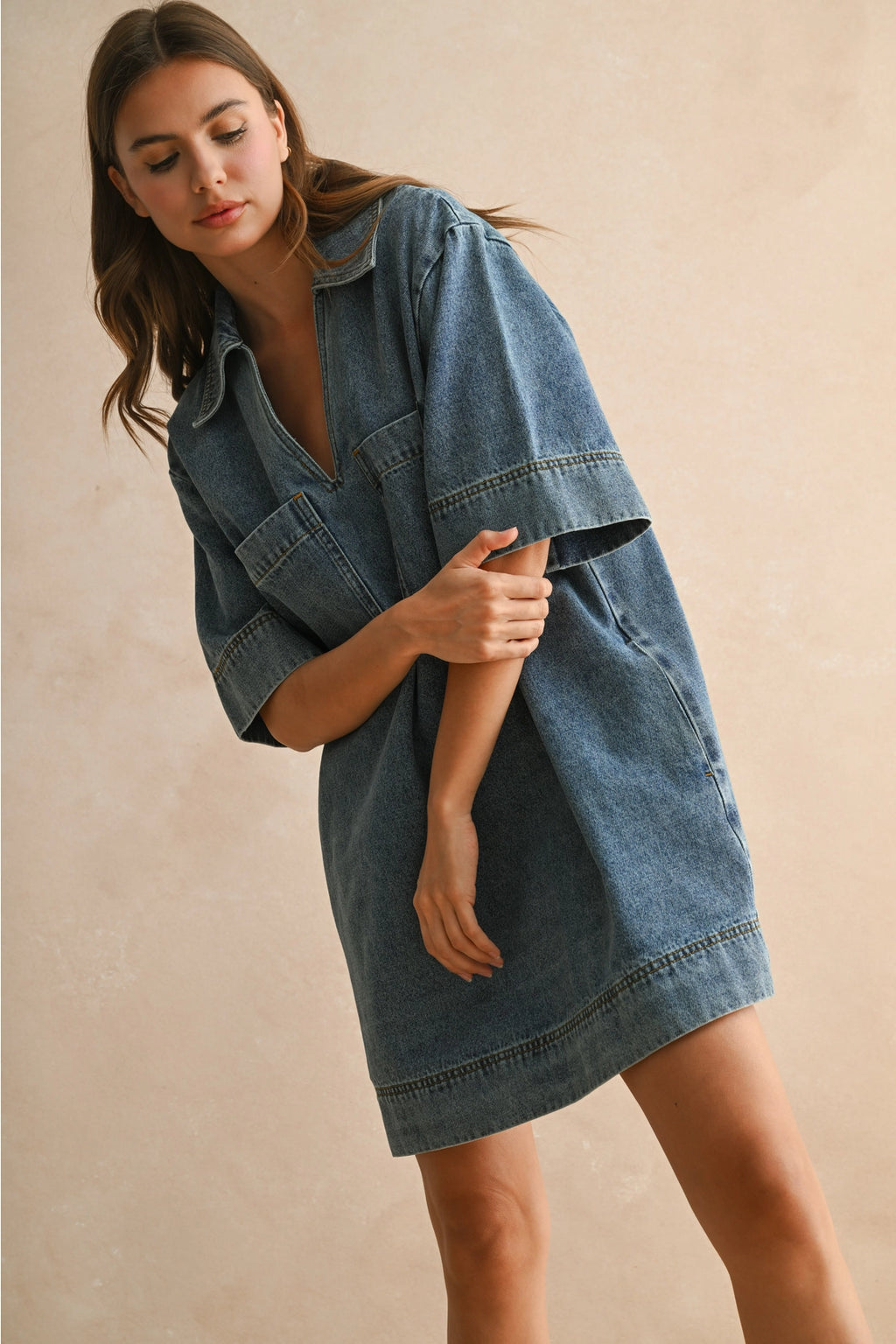 V-Neck Denim Tunic Dress