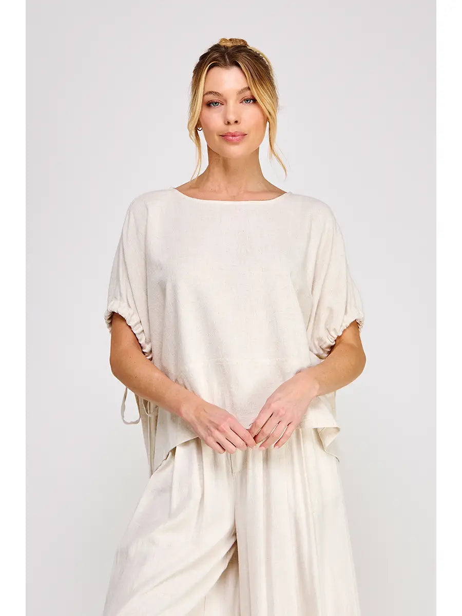 Linen Elastic Tie Sleeve High Low Top