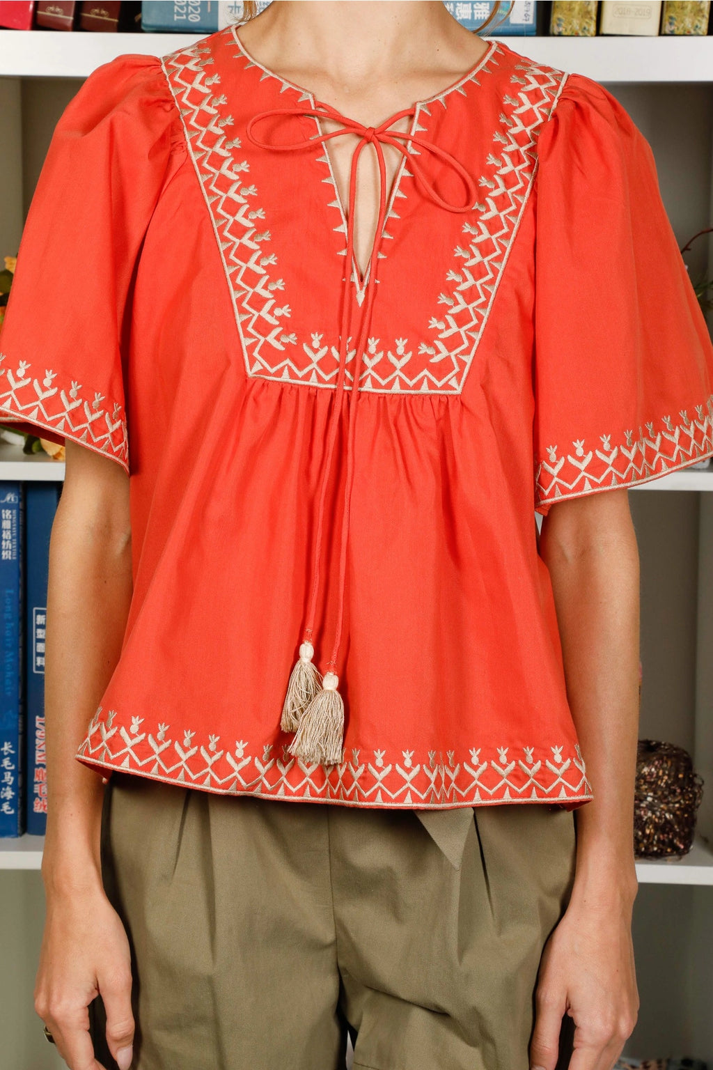 Tie Neck Bohemian Embroidered Blouse