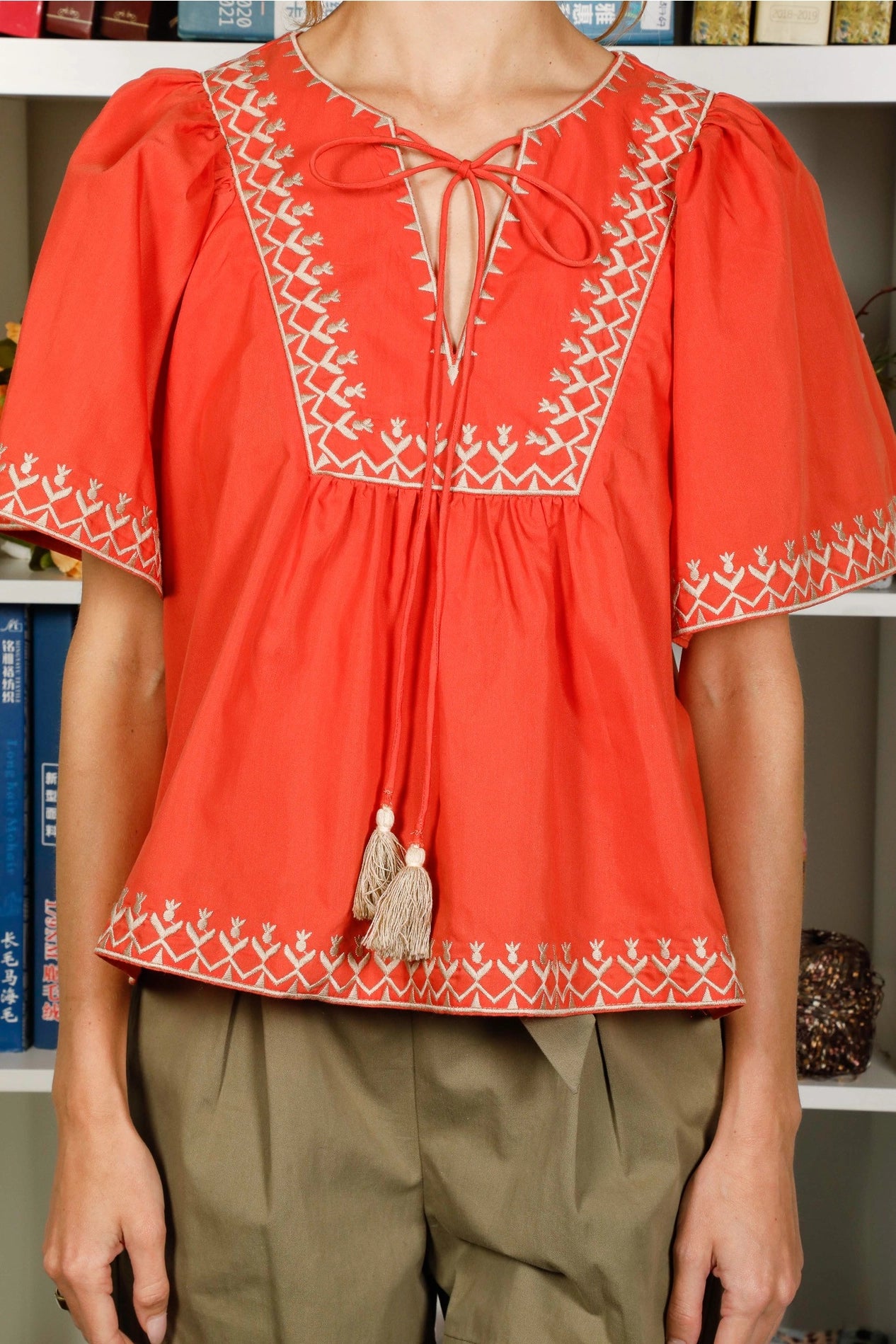 Tie Neck Bohemian Embroidered Blouse