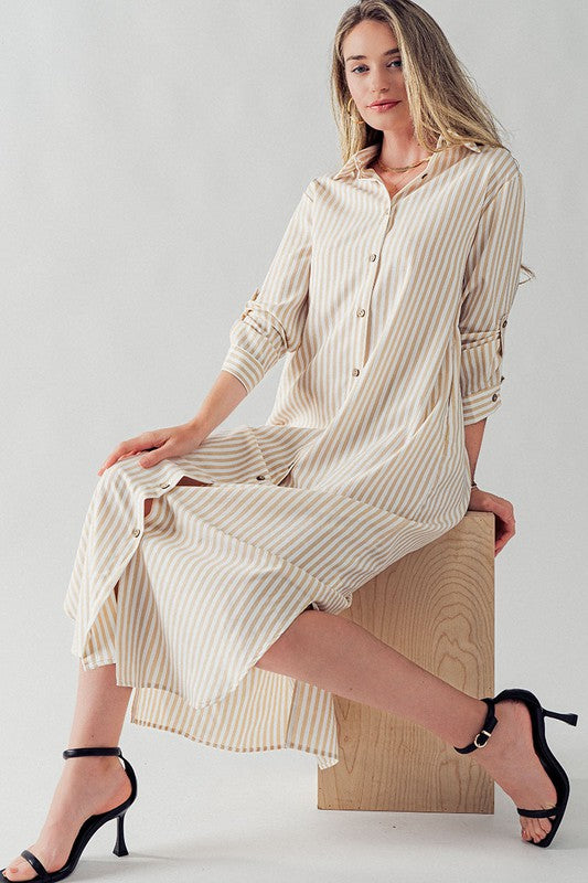 Elsie Polyester Stripe Long Shirt Dress