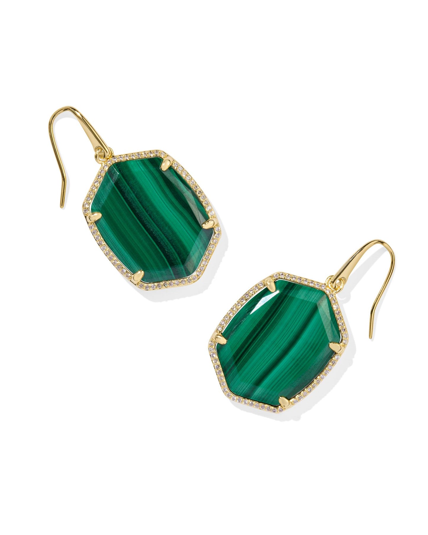 Daphne Gold Pave Frame Drop Earrings | Green Malachite