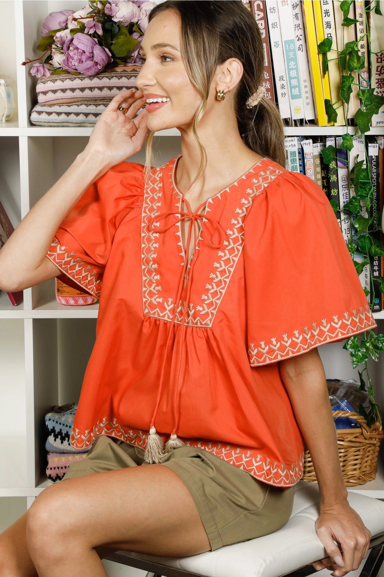 Tie Neck Bohemian Embroidered Blouse