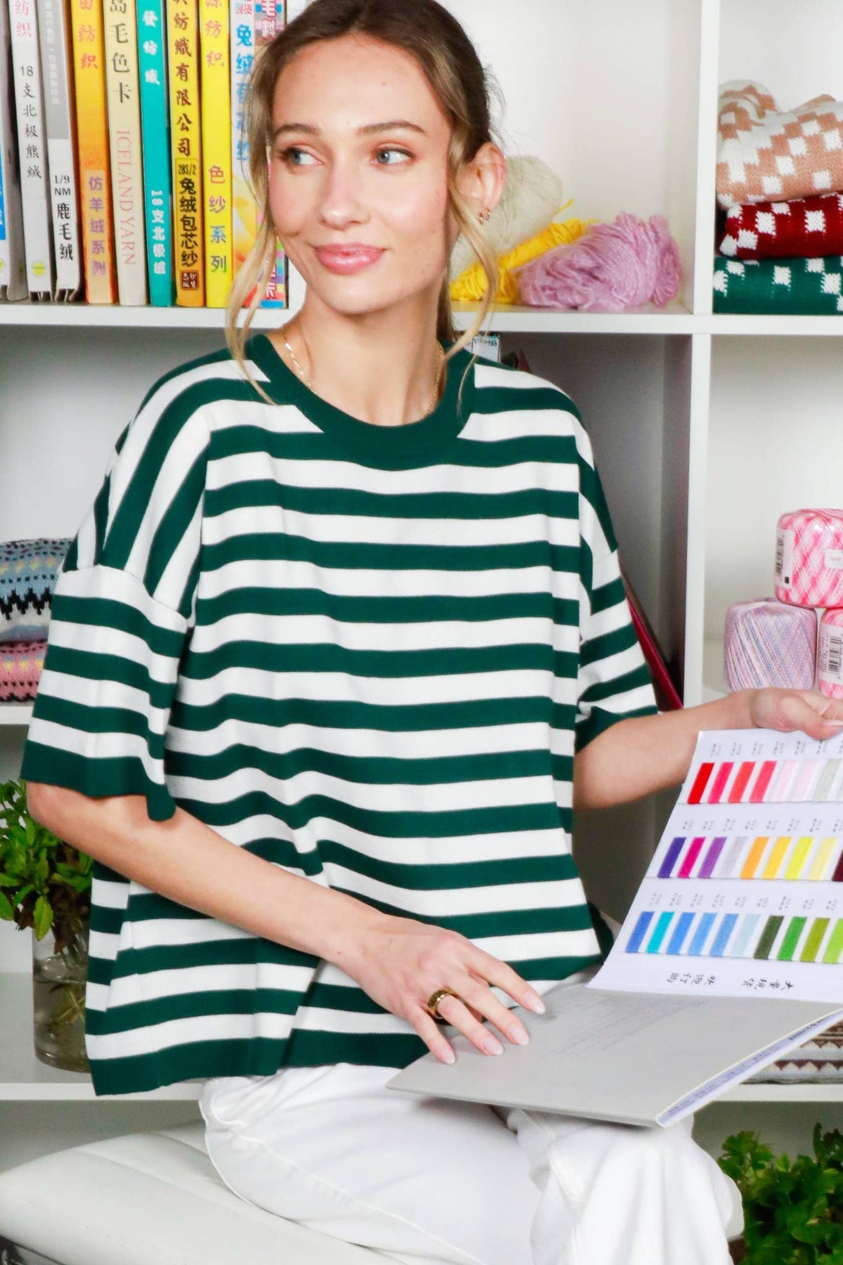 Crew Neck Short-Sleeve Stripe Sweater