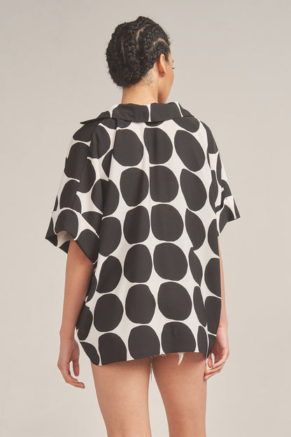 Dotted Roll-Up Sleeve Collared Tunic Top