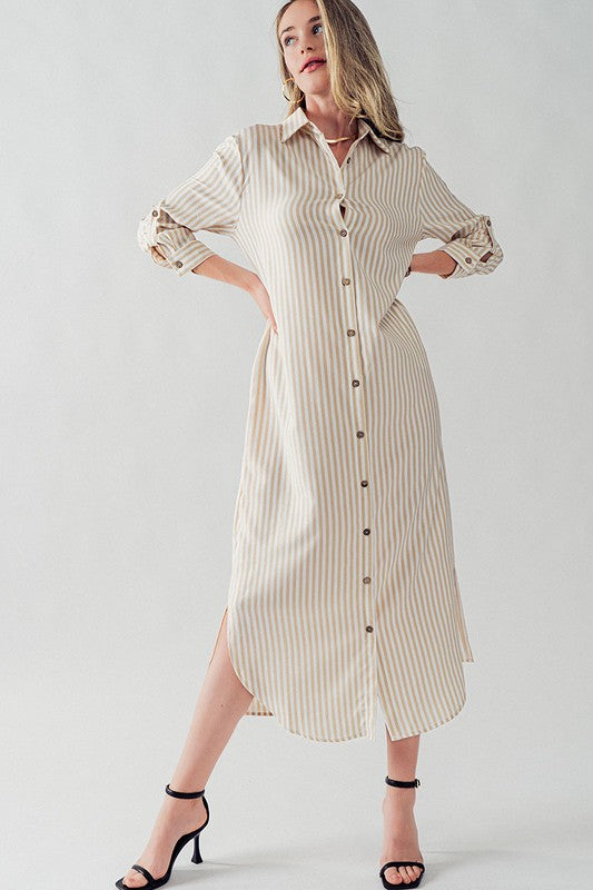 Elsie Polyester Stripe Long Shirt Dress