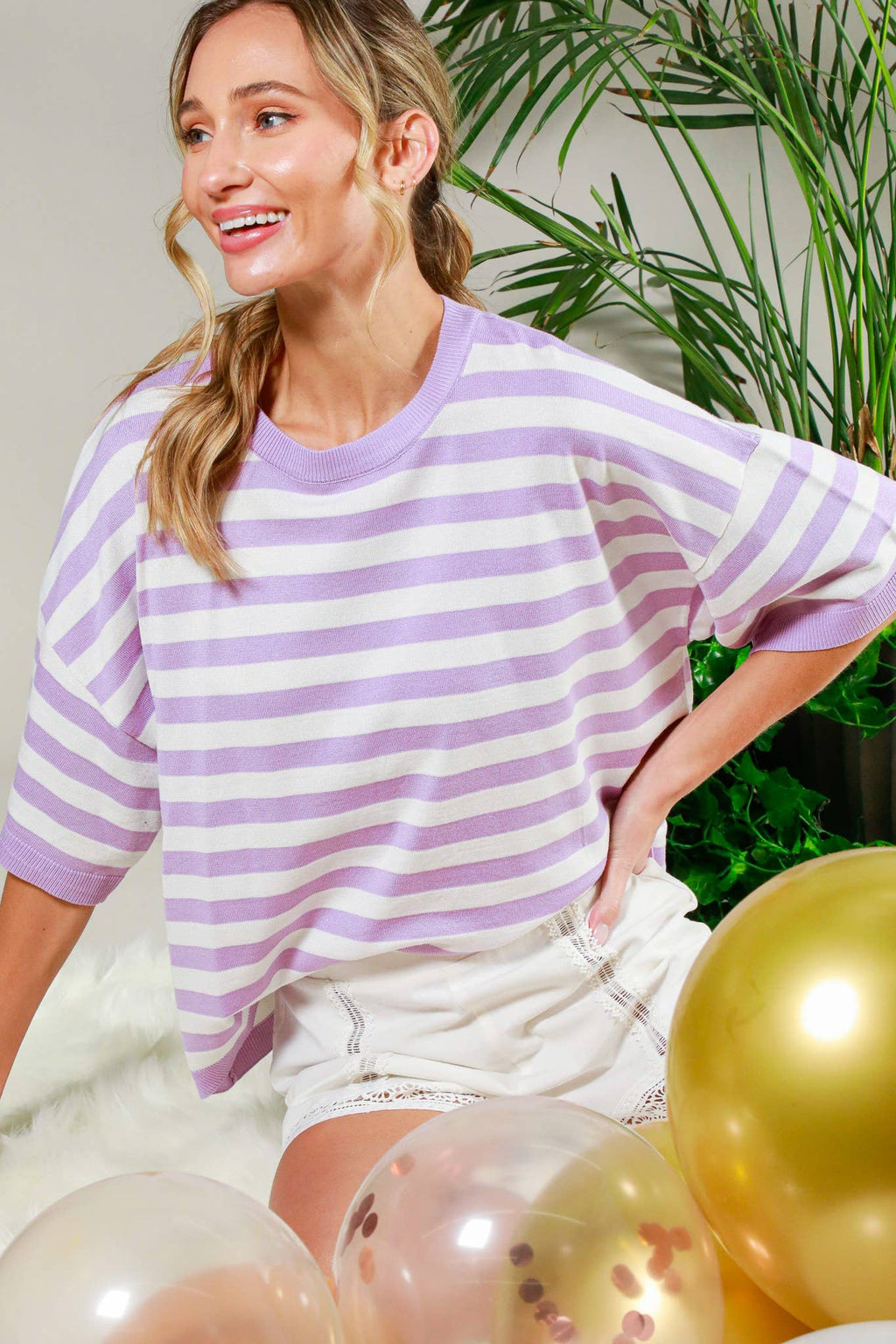 Crew Neck Short-Sleeve Stripe Sweater