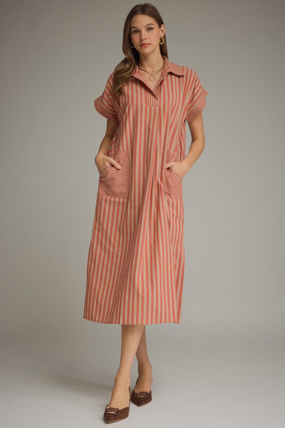 Striped Collared Short Sleeve Midi Dress