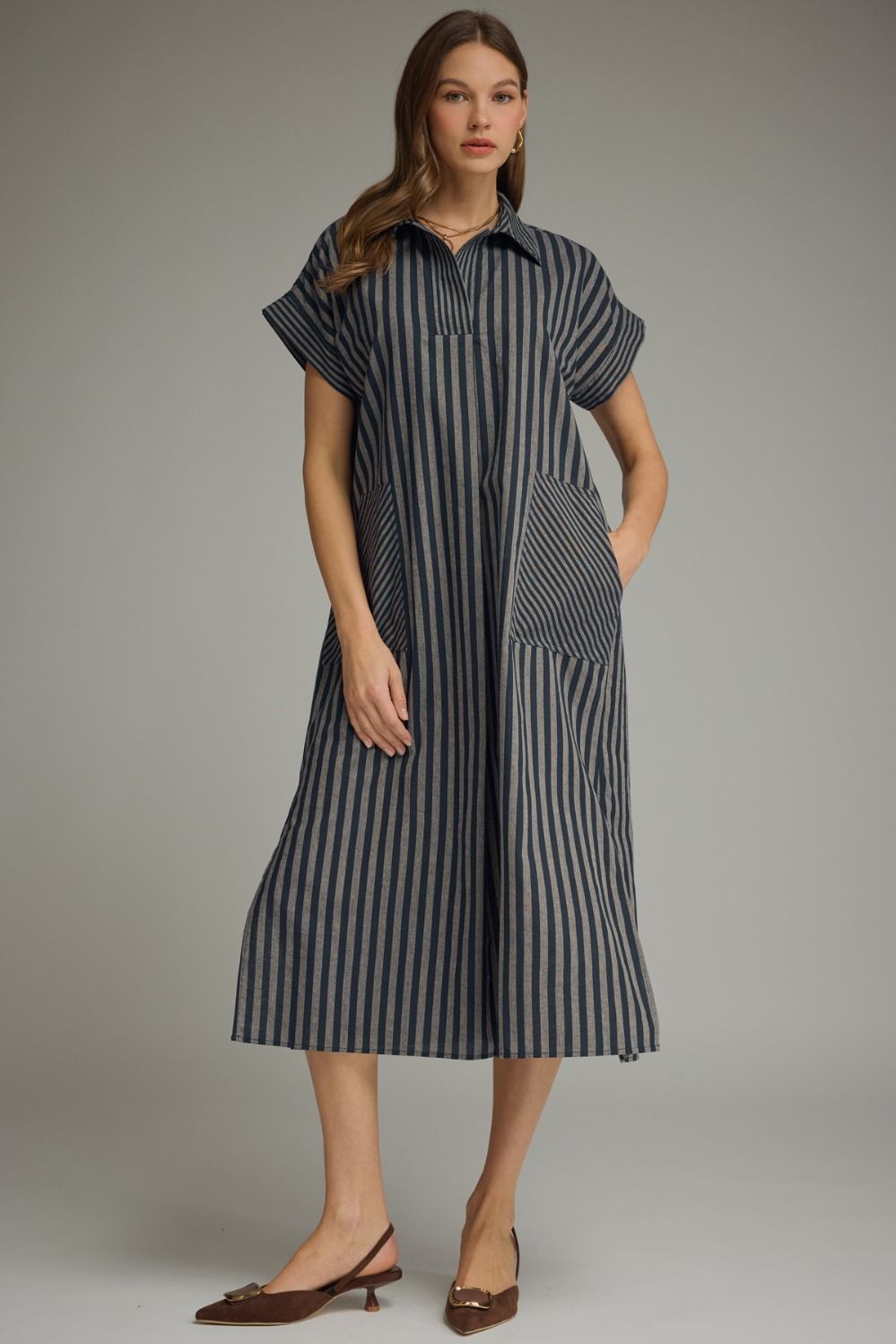 Striped Collared Short Sleeve Midi Dress