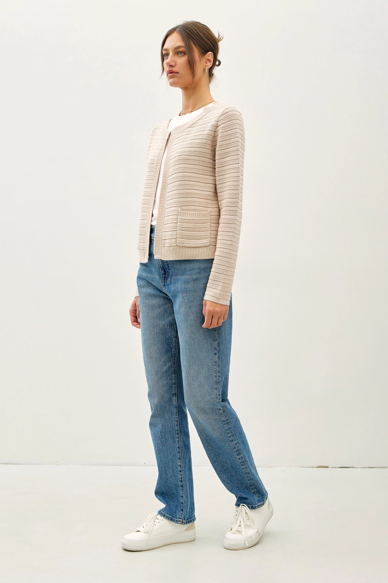 Raised Rib Round Neck Open Cardigan