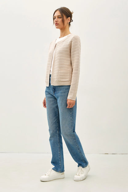 Raised Rib Round Neck Open Cardigan