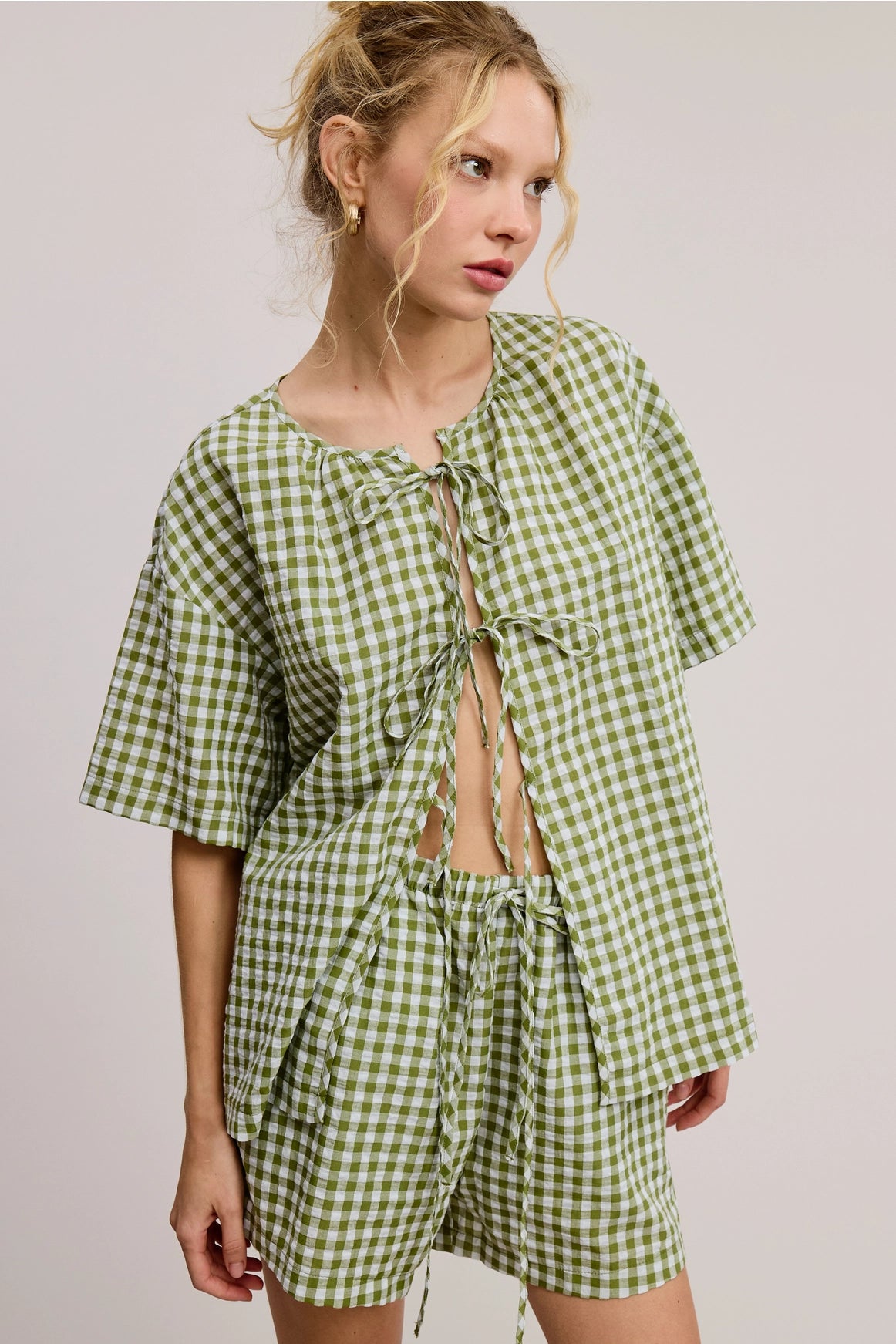Gingham Open-Front Self-Tie Ribbon Top and Shorts Set