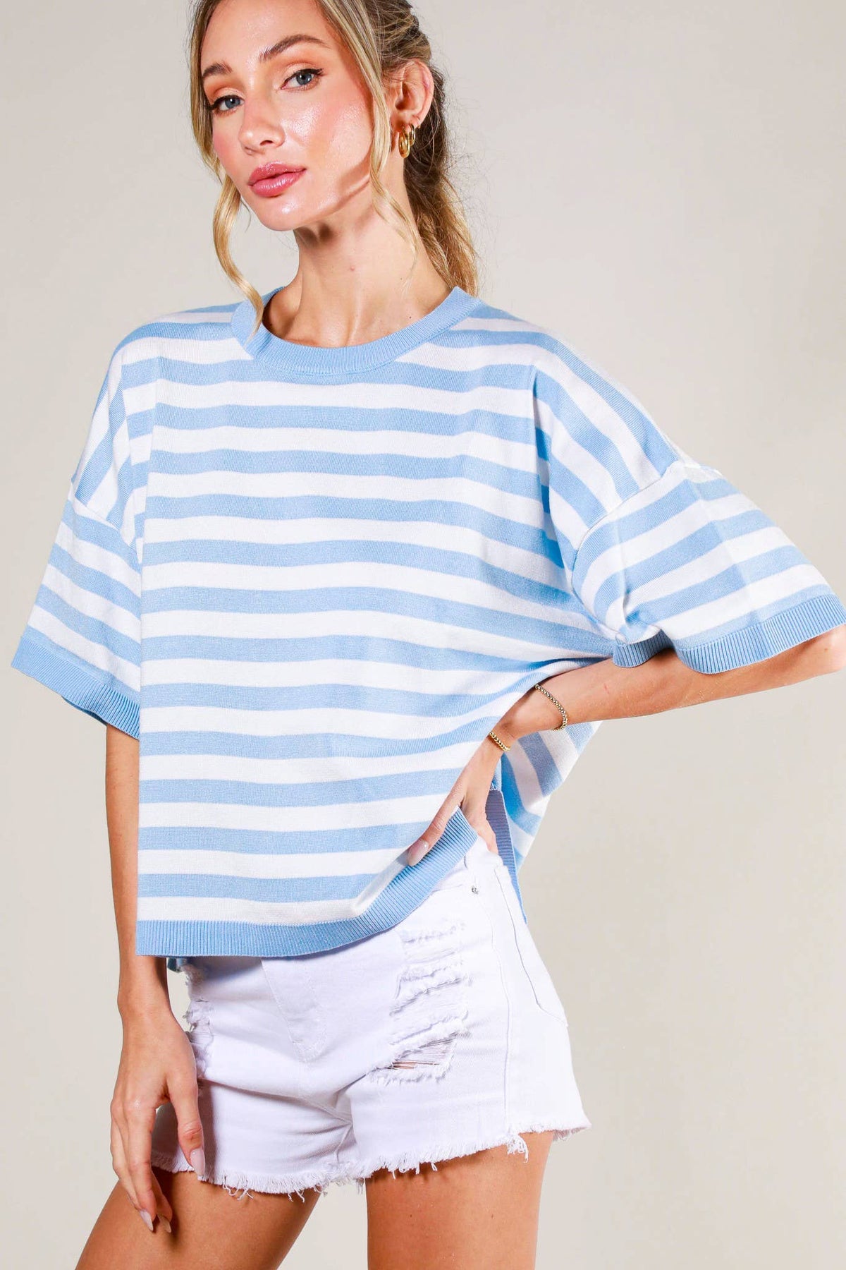 Crew Neck Short-Sleeve Stripe Sweater