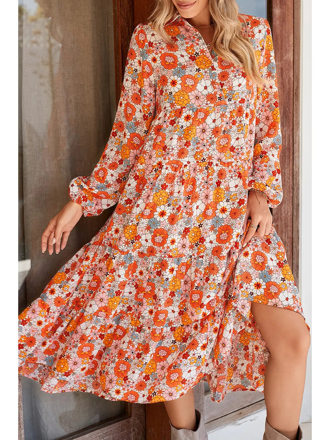 Retro Floral Long Sleeve Ruffled Dress