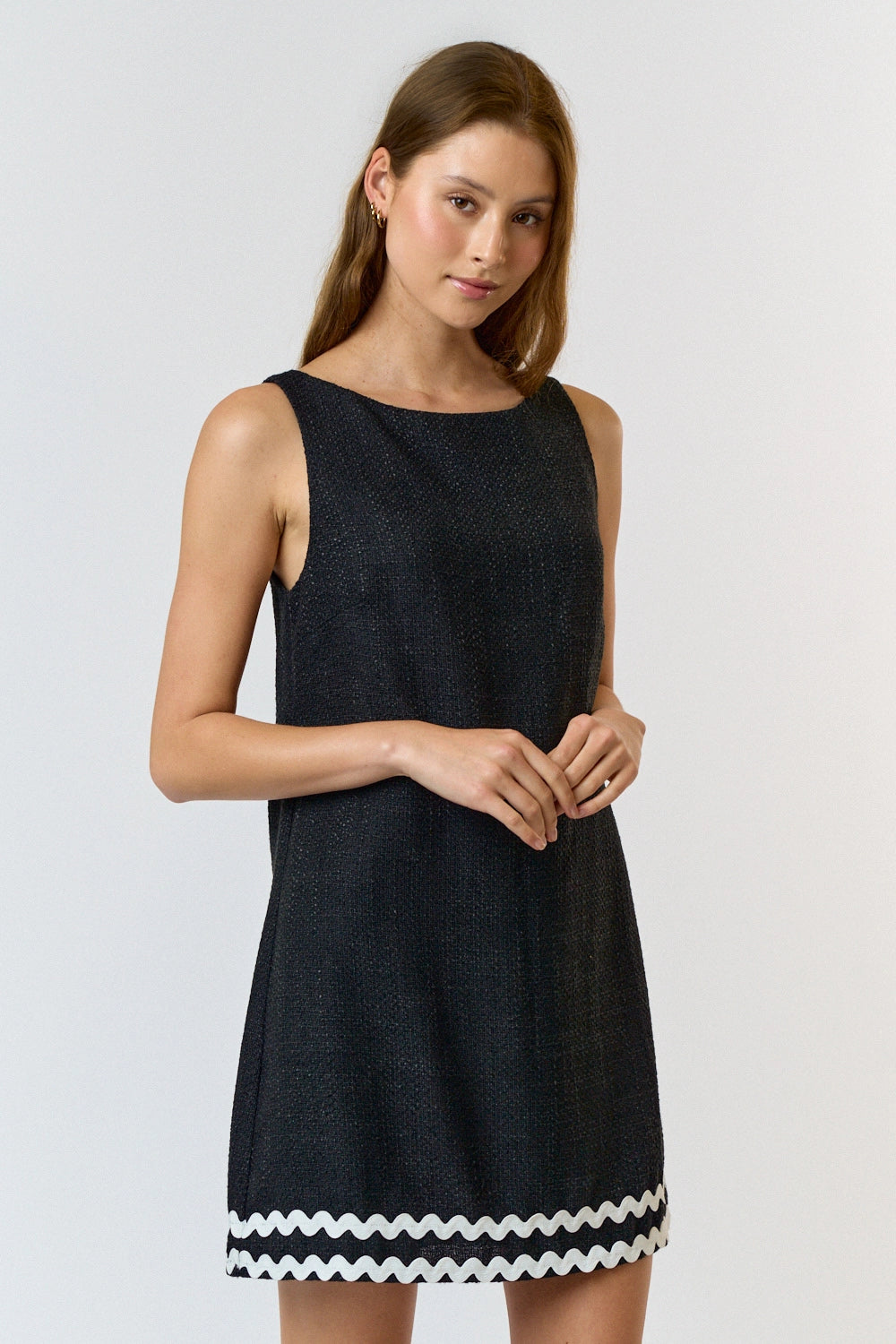 Scalloped Boat Neck Boucle Mini Dress
